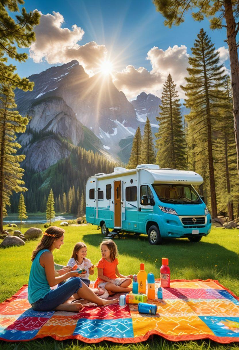 A vibrant RV parked under a bright sun, surrounded by scenic mountains and trees, with a family applying sunscreen and enjoying a picnic. Sunscreen bottles in various colorful designs scattered on a blanket. Bright blue sky and sun rays illuminating the scene, conveying a sense of adventure and safety. super-realistic. vibrant colors. outdoor theme.