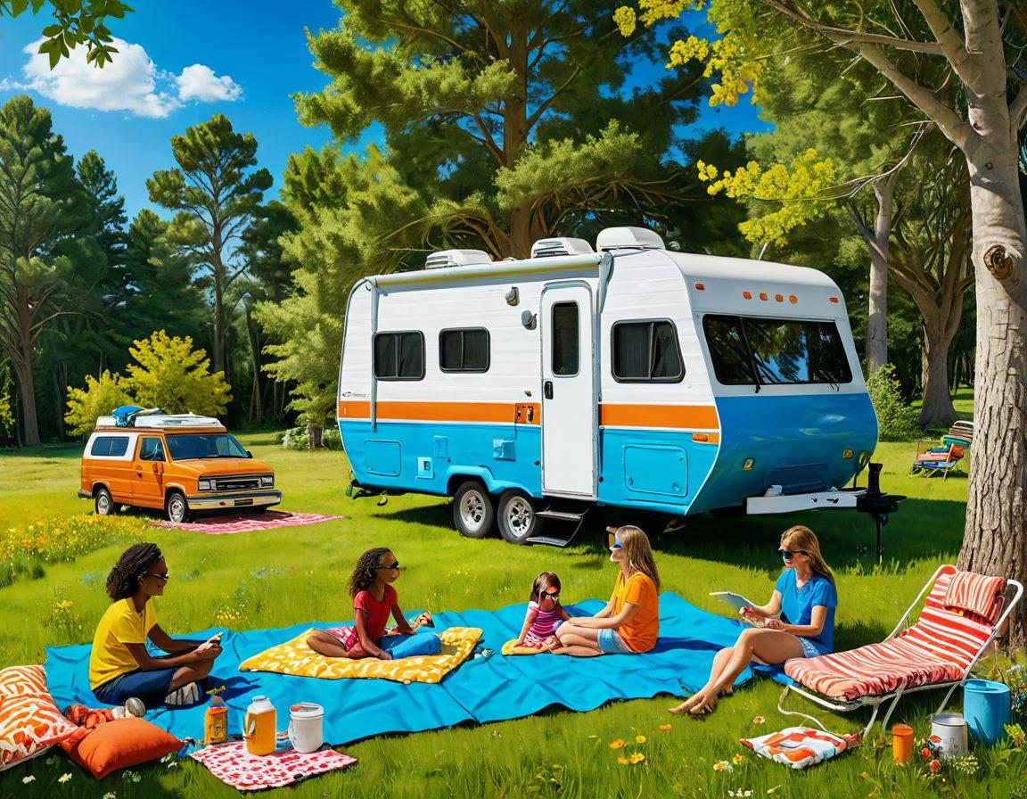 A sun-soaked RV parked under a vibrant blue sky, surrounded by scenic nature, with a diverse family applying sunscreen as they prepare for an outdoor adventure. Sun hats, sunglasses, and a picnic set are nearby, showcasing a fun day out. Include an illustrated guide book on outdoor sun safety lying on the grass. bright colors. 3D. cartoon style.