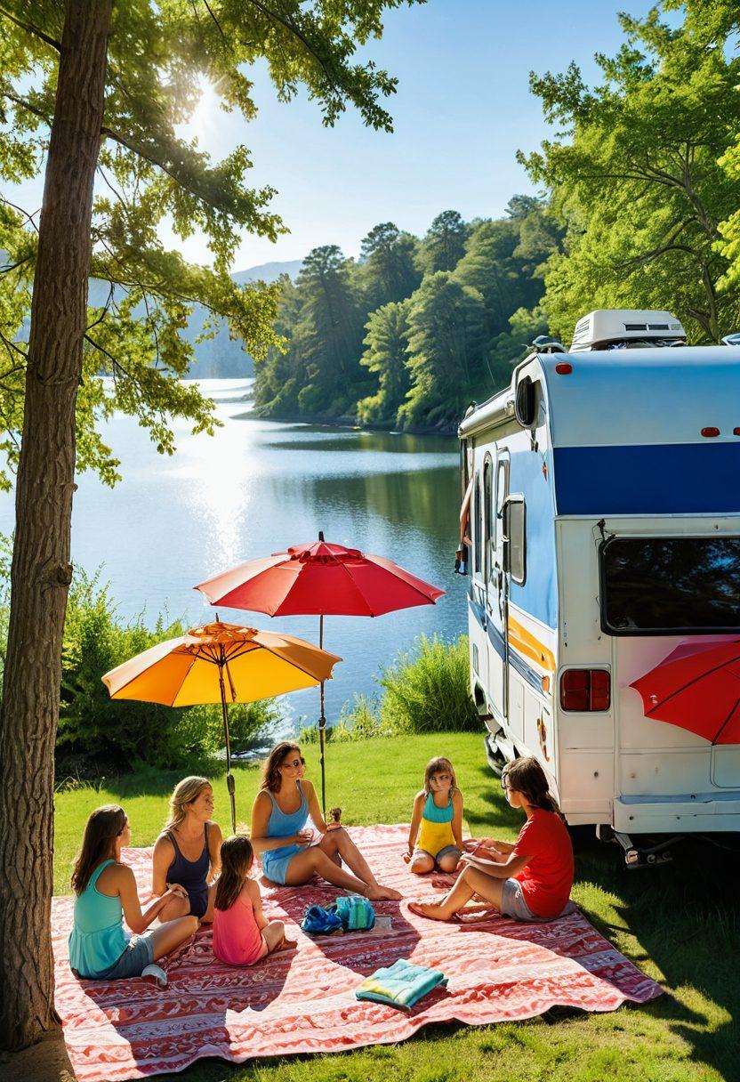 A sun-drenched RV parked by a serene lake, surrounded by lush trees, with a happy family applying sunscreen on each other while holding colorful beach umbrellas. Bright sun rays casting glimmers on their skin, showcasing various sunscreen bottles scattered on a picnic blanket nearby. The scene should evoke a sense of adventure and care for sun safety, with a vibrant blue sky in the background. super-realistic. bright colors. outdoor setting.